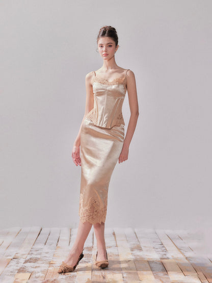 YZZI HE Lace satin fishbone waist camisole + skirt