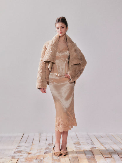 YZZI HE Lace satin fishbone waist camisole + skirt