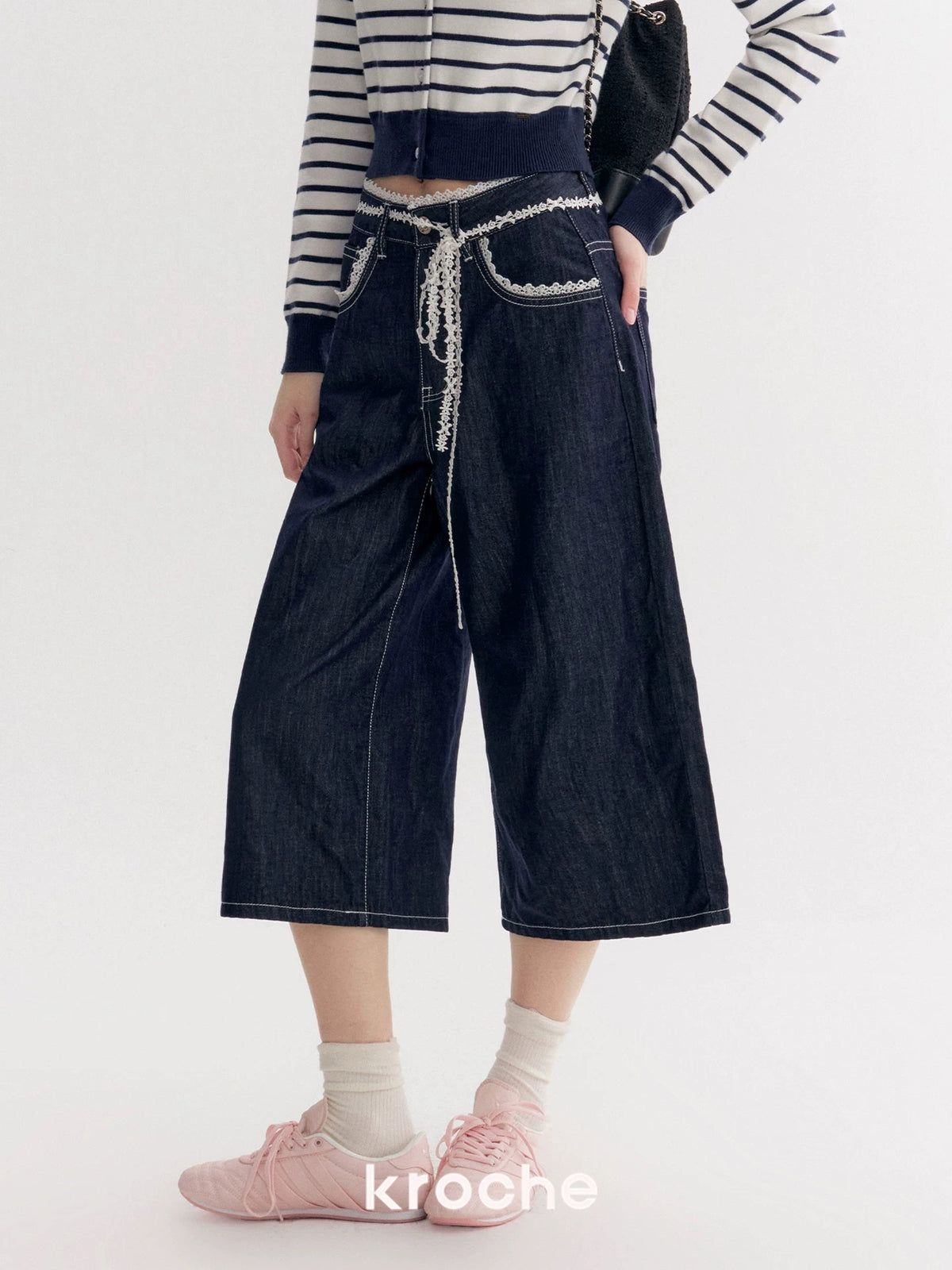 Kroche Lace patchwork loose denim cropped pants