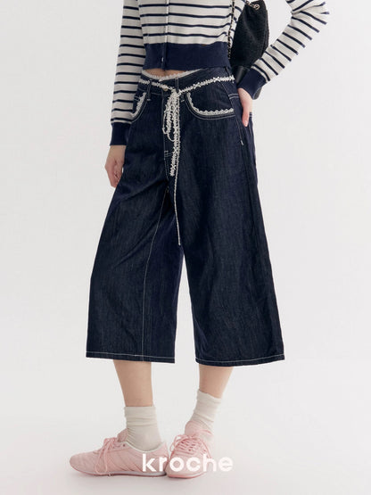 Kroche Lace patchwork loose denim cropped pants