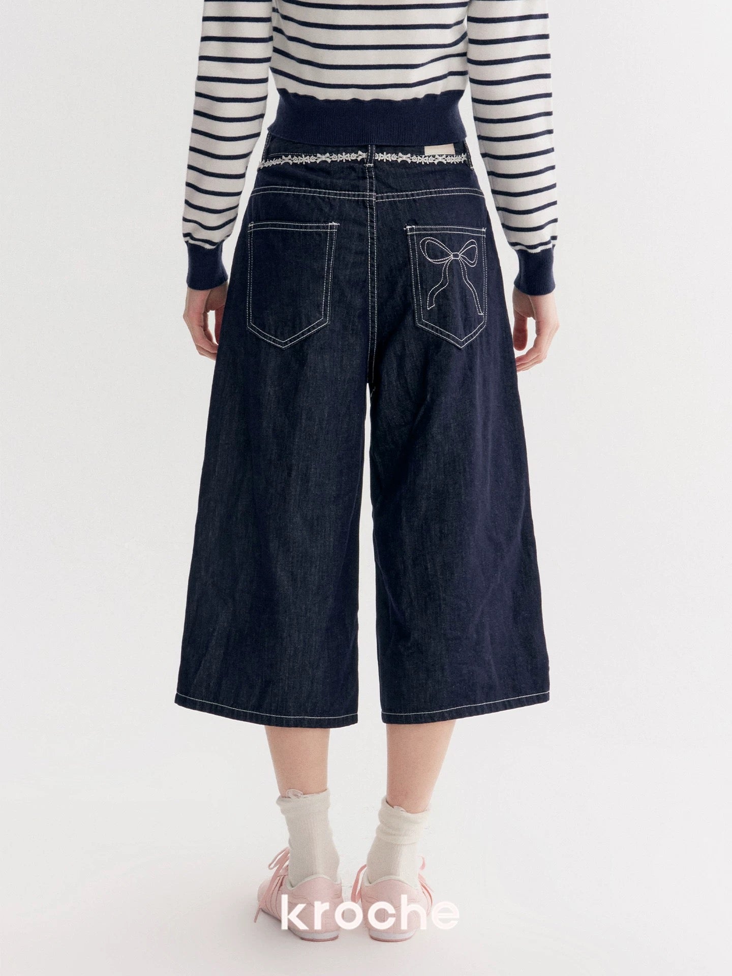 Kroche Lace patchwork loose denim cropped pants