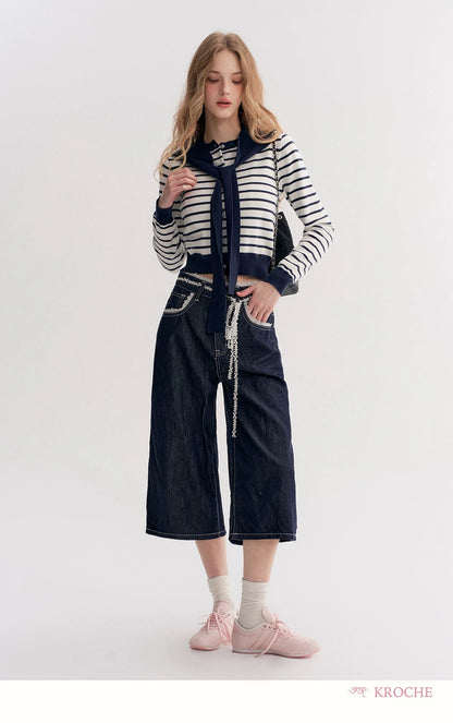 Kroche Lace patchwork loose denim cropped pants