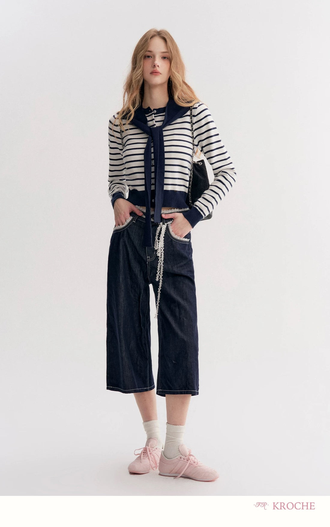 Kroche Lace patchwork loose denim cropped pants