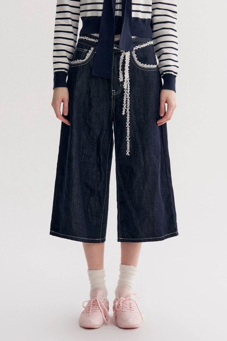 Kroche Lace patchwork loose denim cropped pants