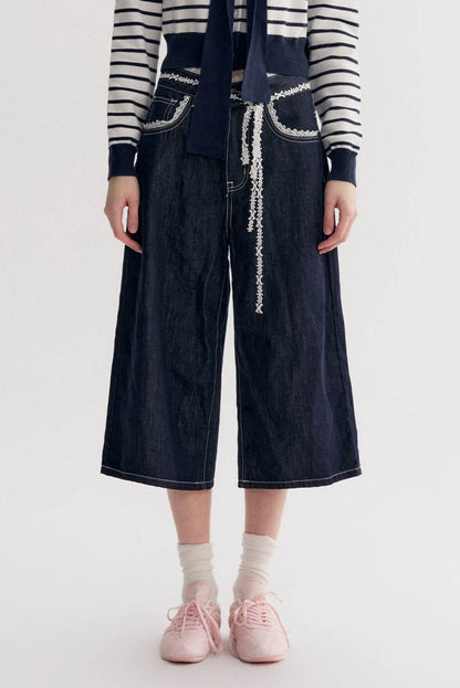 Kroche Lace patchwork loose denim cropped pants