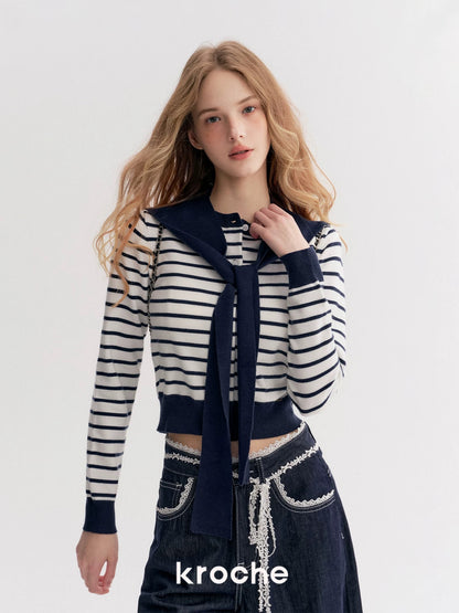 Kroche Two piece set of contrasting striped cardigan knitted shawl