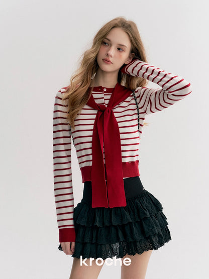 Kroche Two piece set of contrasting striped cardigan knitted shawl