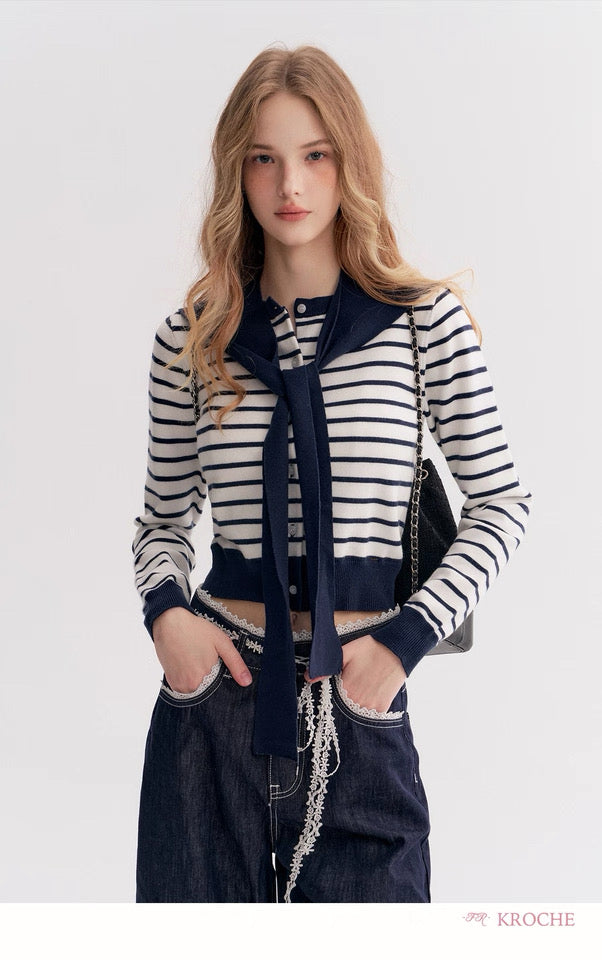 Kroche Two piece set of contrasting striped cardigan knitted shawl