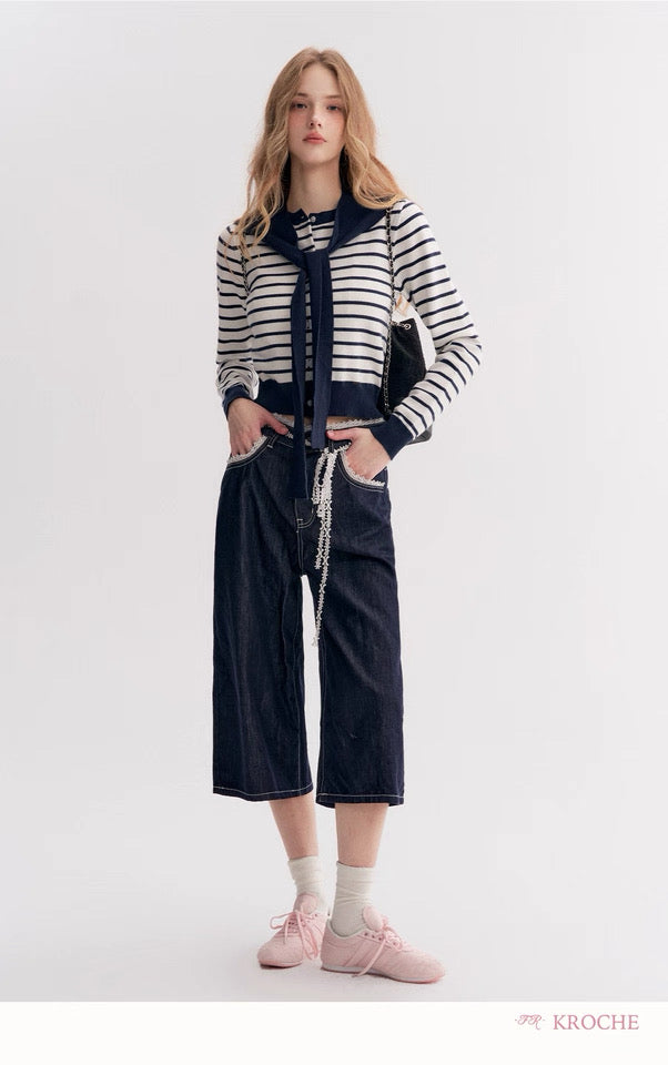 Kroche Two piece set of contrasting striped cardigan knitted shawl