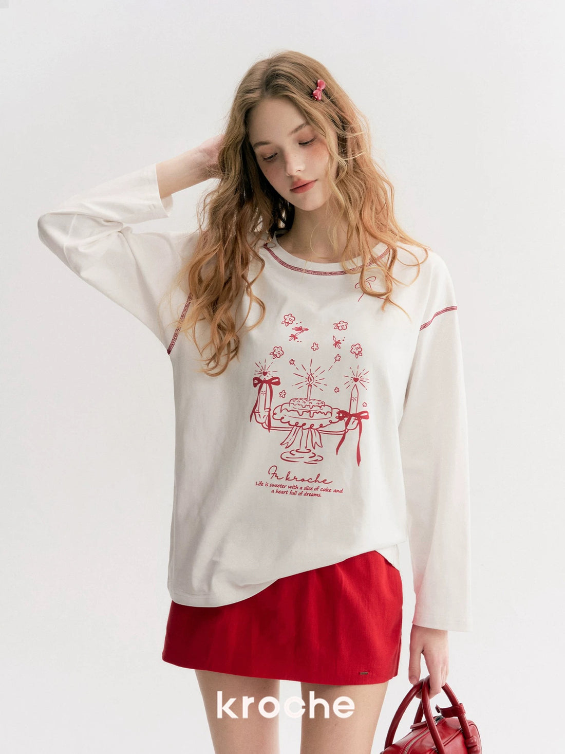Kroche Hand drawn cake printed long sleeved T-shirt + skirt set