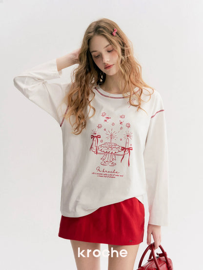 Kroche Hand drawn cake printed long sleeved T-shirt + skirt set