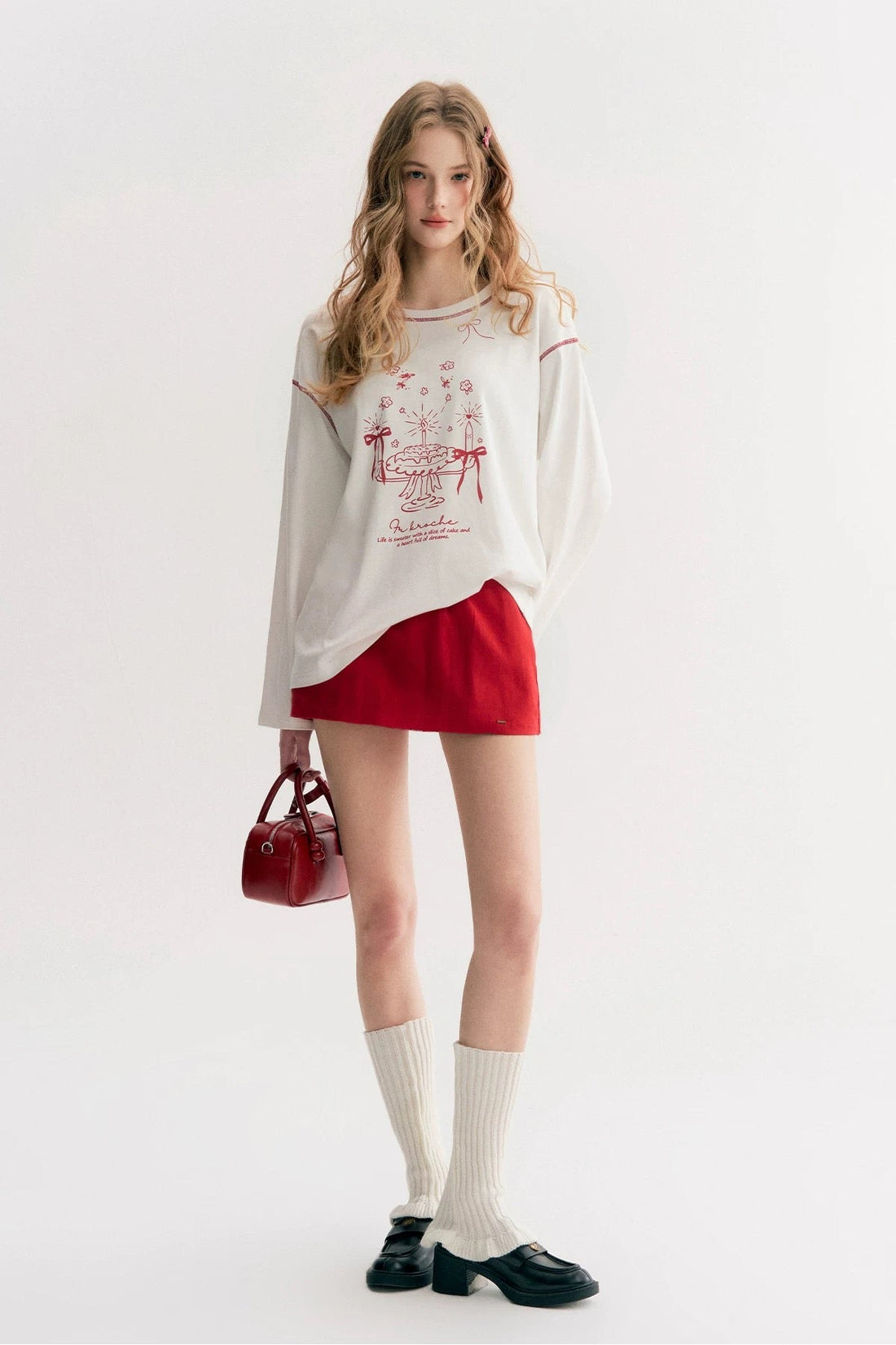 Kroche Hand drawn cake printed long sleeved T-shirt + skirt set