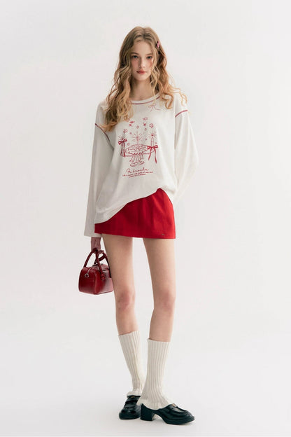 Kroche Hand drawn cake printed long sleeved T-shirt + skirt set