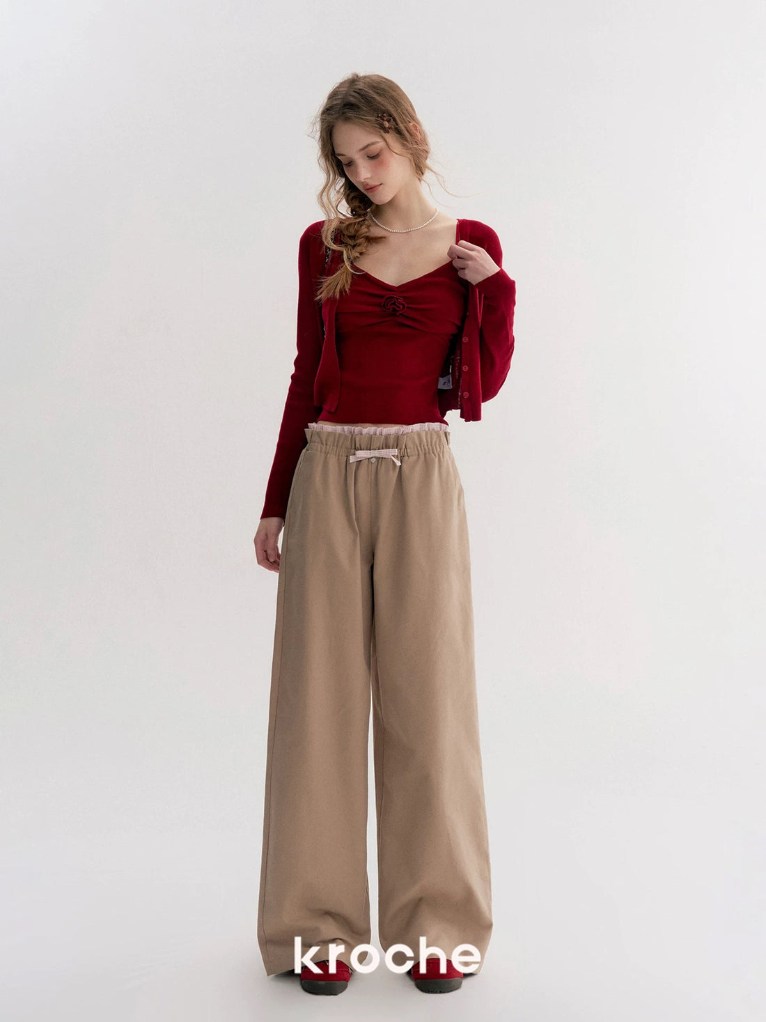 Kroche Color blocking checkered patchwork wide leg pants