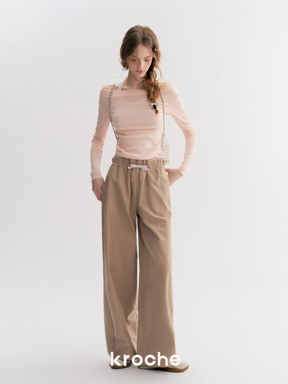 Kroche Color blocking checkered patchwork wide leg pants