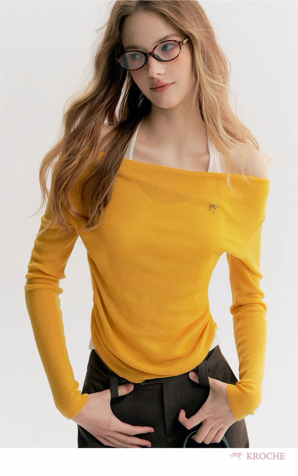 Kroche Fake two-piece pleated one shoulder knitted sweater