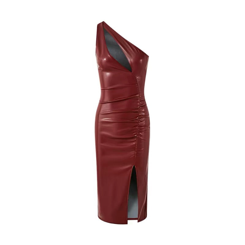 FIND YA WINGS French modern off shoulder irregular leather dress