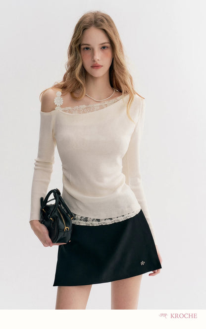 Kroche Fake two piece lace patchwork long sleeved knitted sweater