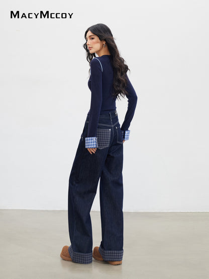 MacyMccoy MMC2025147 Plaid embroidered knitted top
