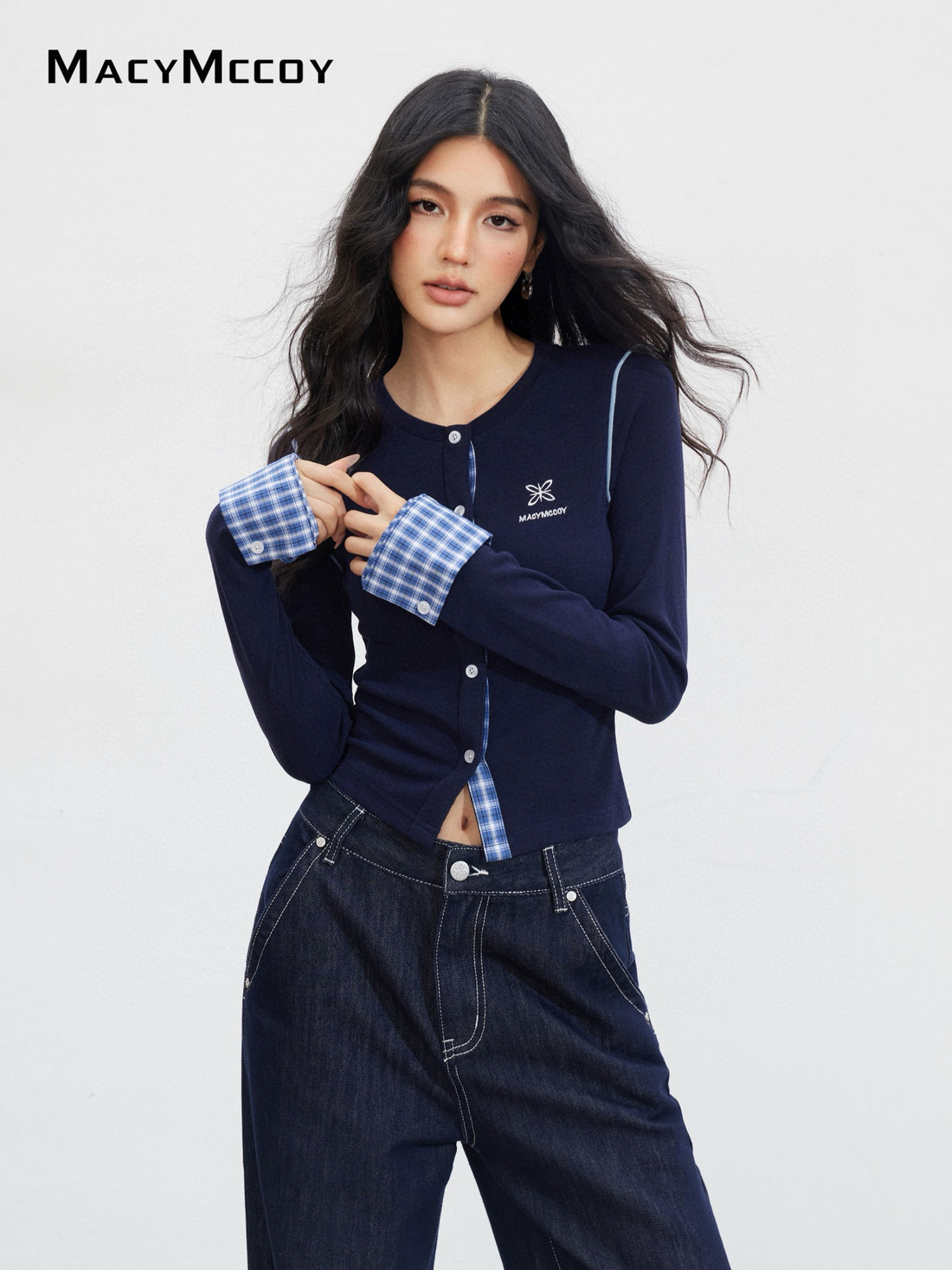 MacyMccoy MMC2025147 Plaid embroidered knitted top