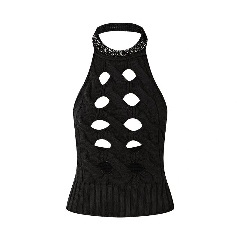 FIND YA WINGS Waist-cinching halter neck hollow knitted top