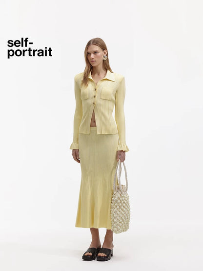 Self-Portrait SALE Cream Yellow Elastic Knit Midi Skirt