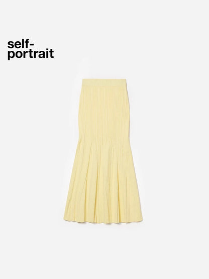 Self-Portrait SALE Cream Yellow Elastic Knit Midi Skirt