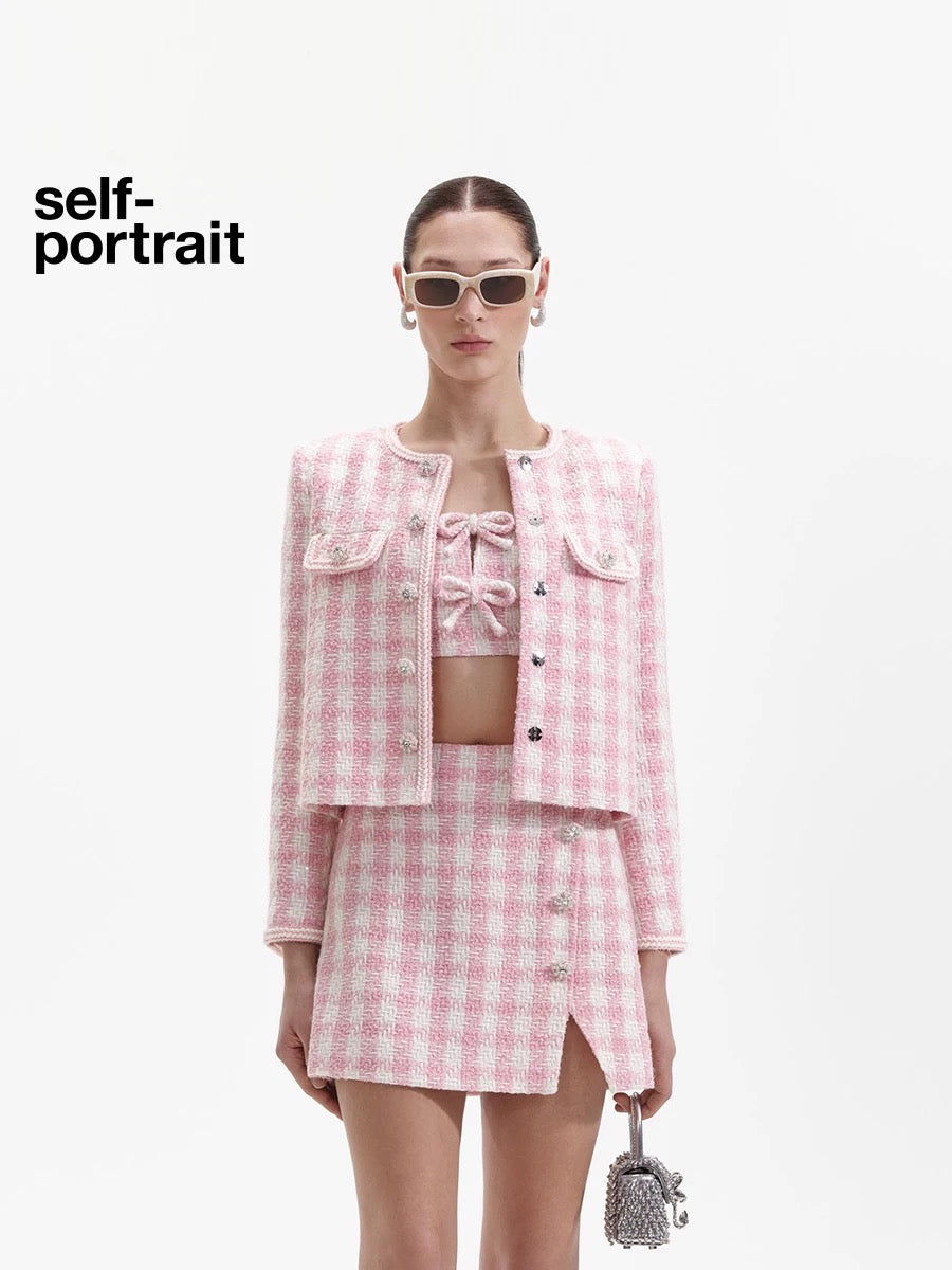Self-Portrait SALE Pink Checkered Diamond-Trimmed Coat