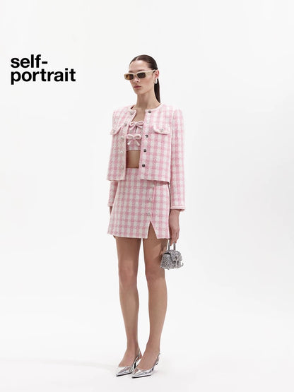 Self-Portrait SALE Pink Checkered Diamond-Trimmed Coat