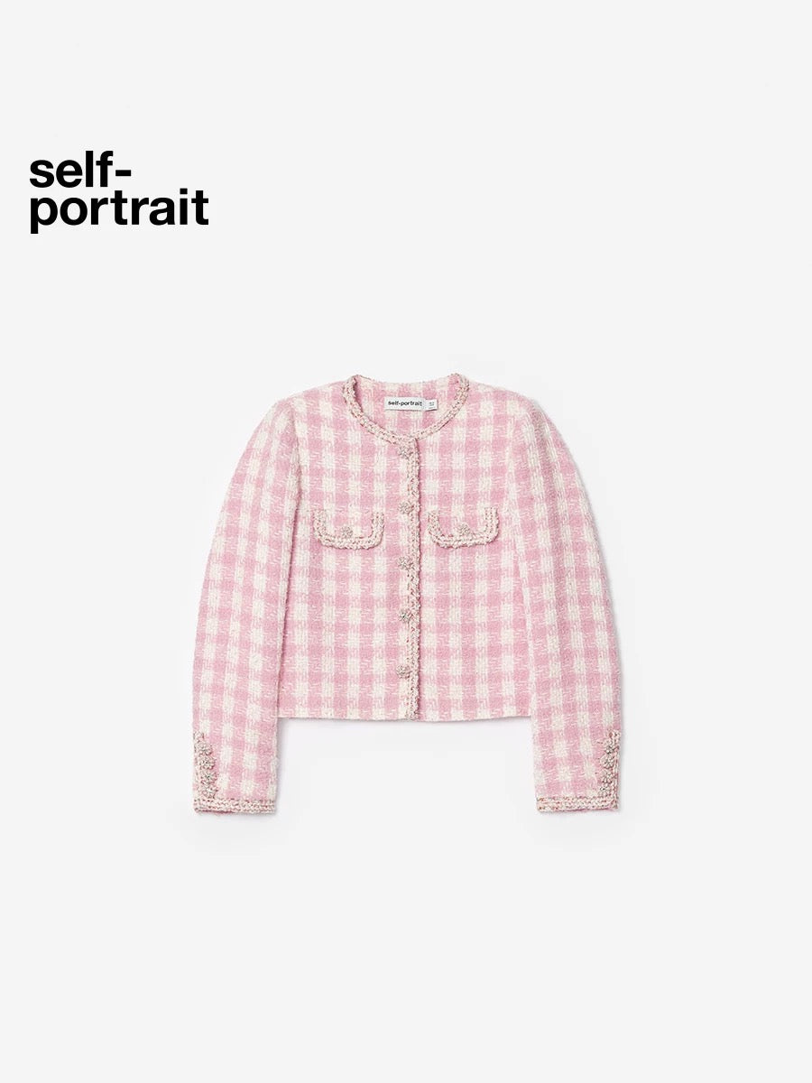 Self-Portrait SALE Pink Checkered Diamond-Trimmed Coat