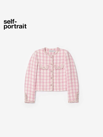 Self-Portrait SALE Pink Checkered Diamond-Trimmed Coat