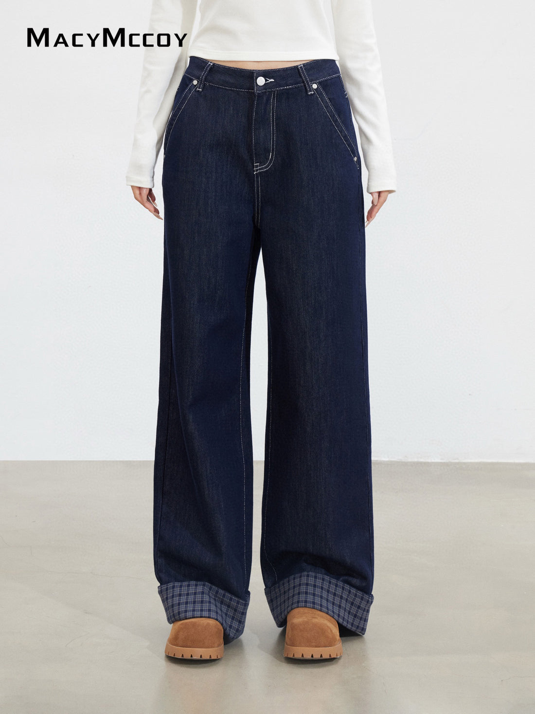 MacyMccoy MMC2025151 Grid splicing denim wide leg pants