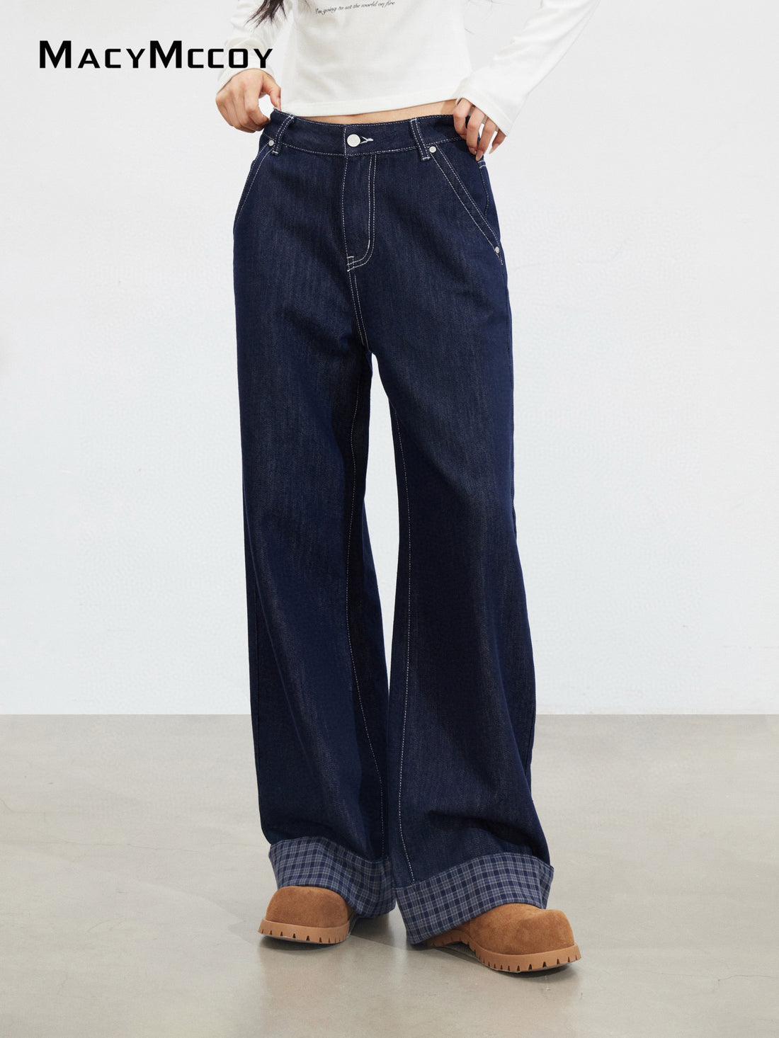 MacyMccoy MMC2025151 Grid splicing denim wide leg pants