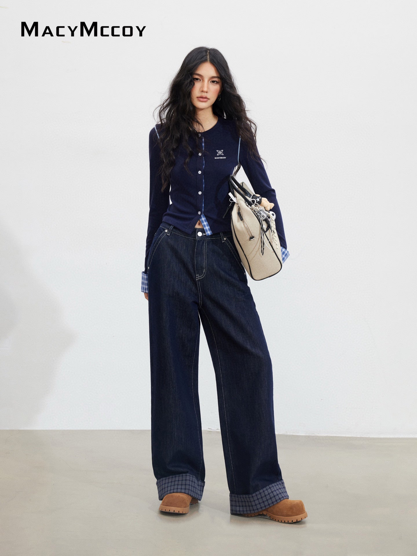 MacyMccoy MMC2025151 Grid splicing denim wide leg pants