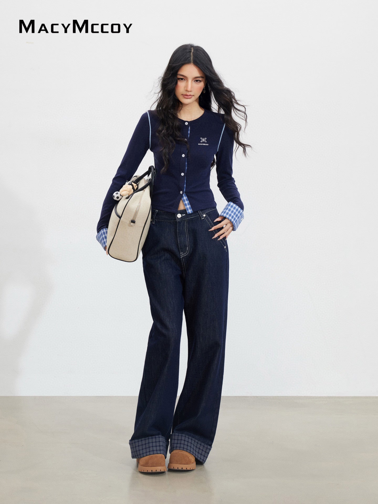 MacyMccoy MMC2025151 Grid splicing denim wide leg pants