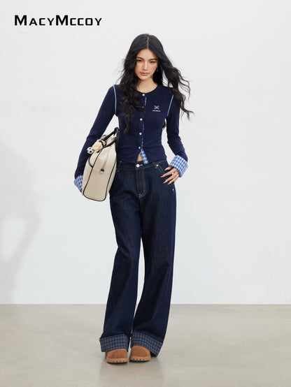MacyMccoy MMC2025151 Grid splicing denim wide leg pants
