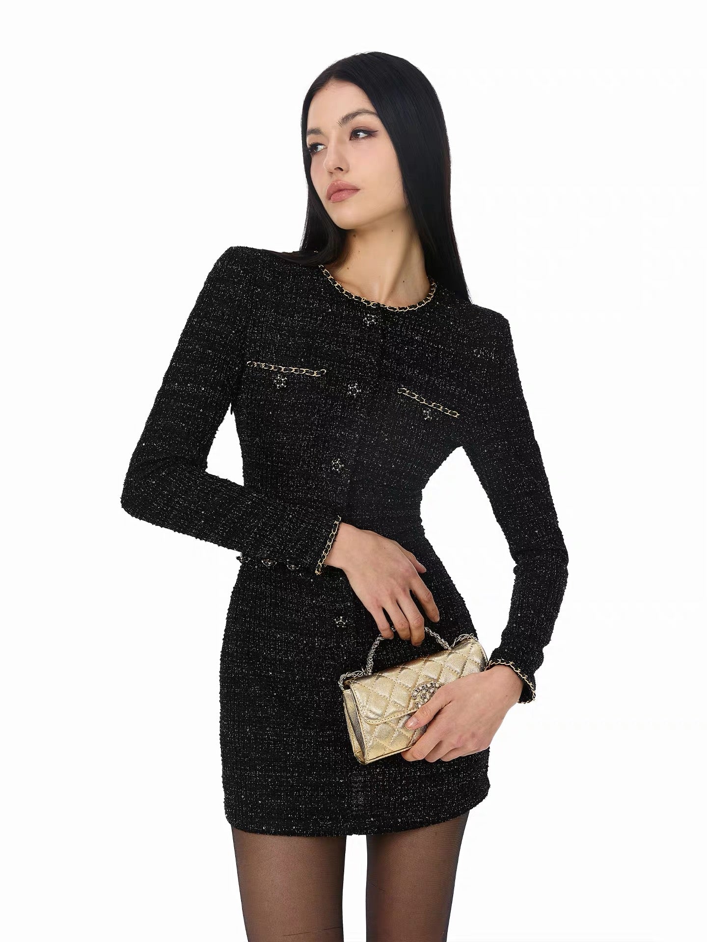 FIND YA WINGS Elegant shoulder pad long sleeved dress