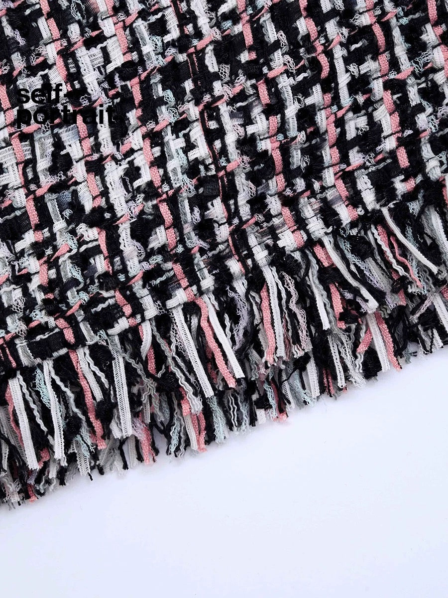 Self-Portrait SALE Black checkered woven tweed shorts