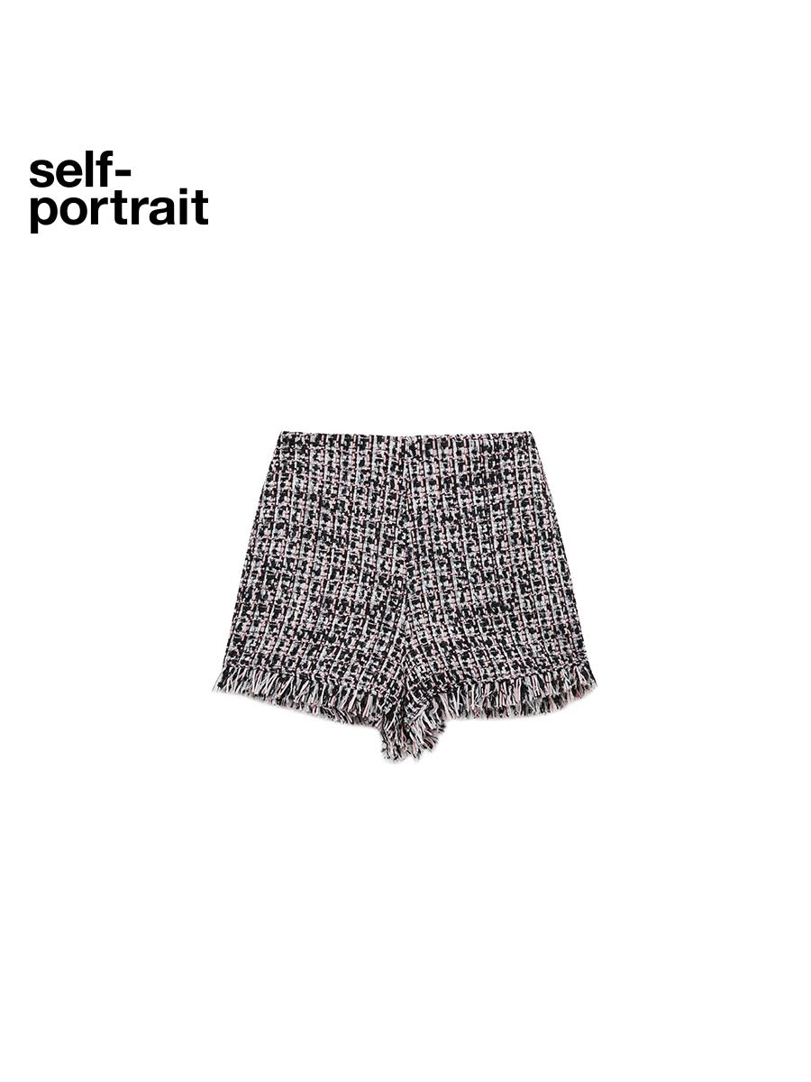 Self-Portrait SALE Black checkered woven tweed shorts