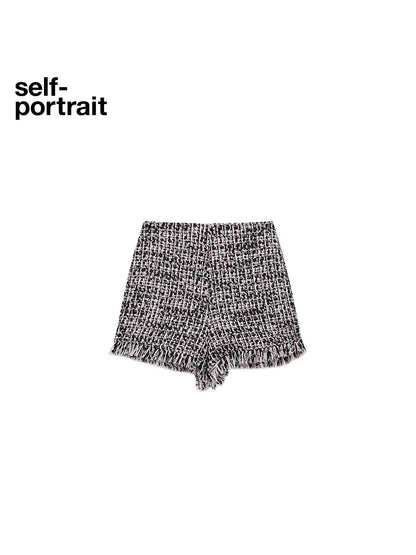 Self-Portrait SALE Black checkered woven tweed shorts