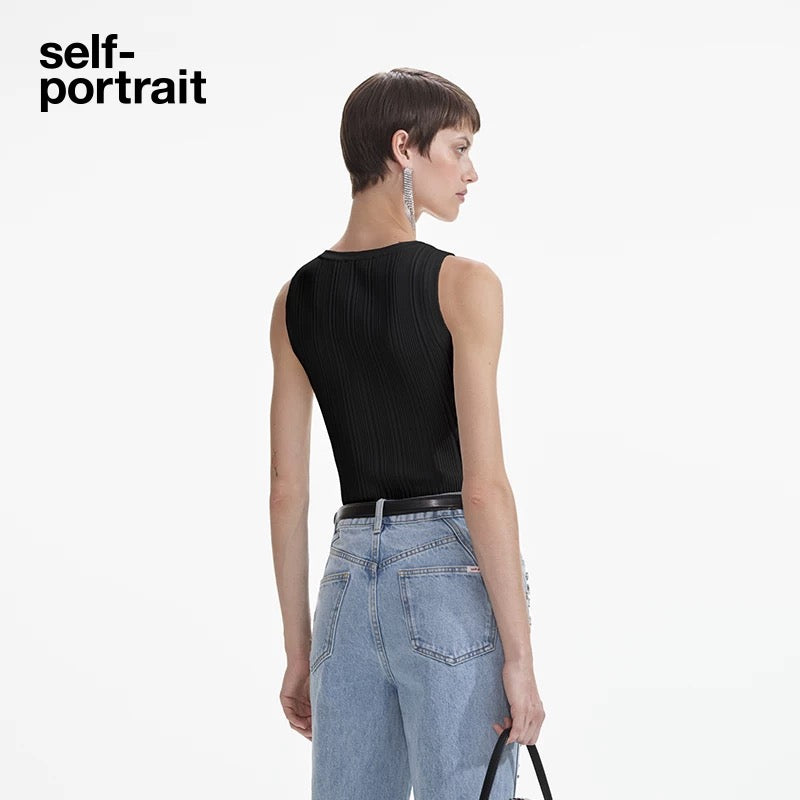 Self-Portrait SALE Black diamond slim fit versatile knitted camisole vest