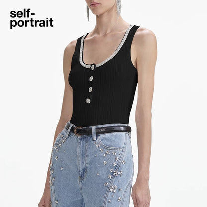 Self-Portrait SALE Black diamond slim fit versatile knitted camisole vest