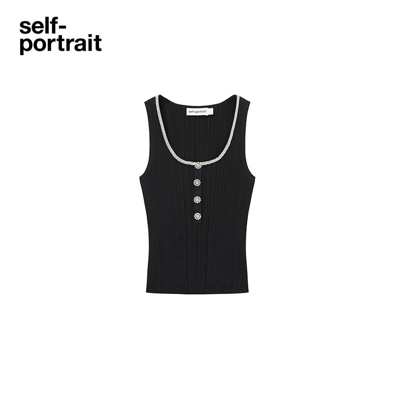 Self-Portrait SALE Black diamond slim fit versatile knitted camisole vest