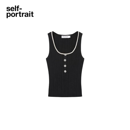 Self-Portrait SALE Black diamond slim fit versatile knitted camisole vest