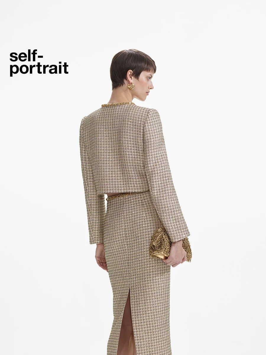 Self-Portrait SALE Golden woven tweed plaid jacket