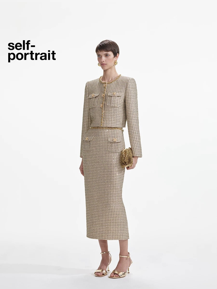 Self-Portrait SALE Golden woven tweed half length skirt