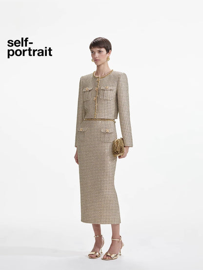 Self-Portrait SALE Golden woven tweed half length skirt