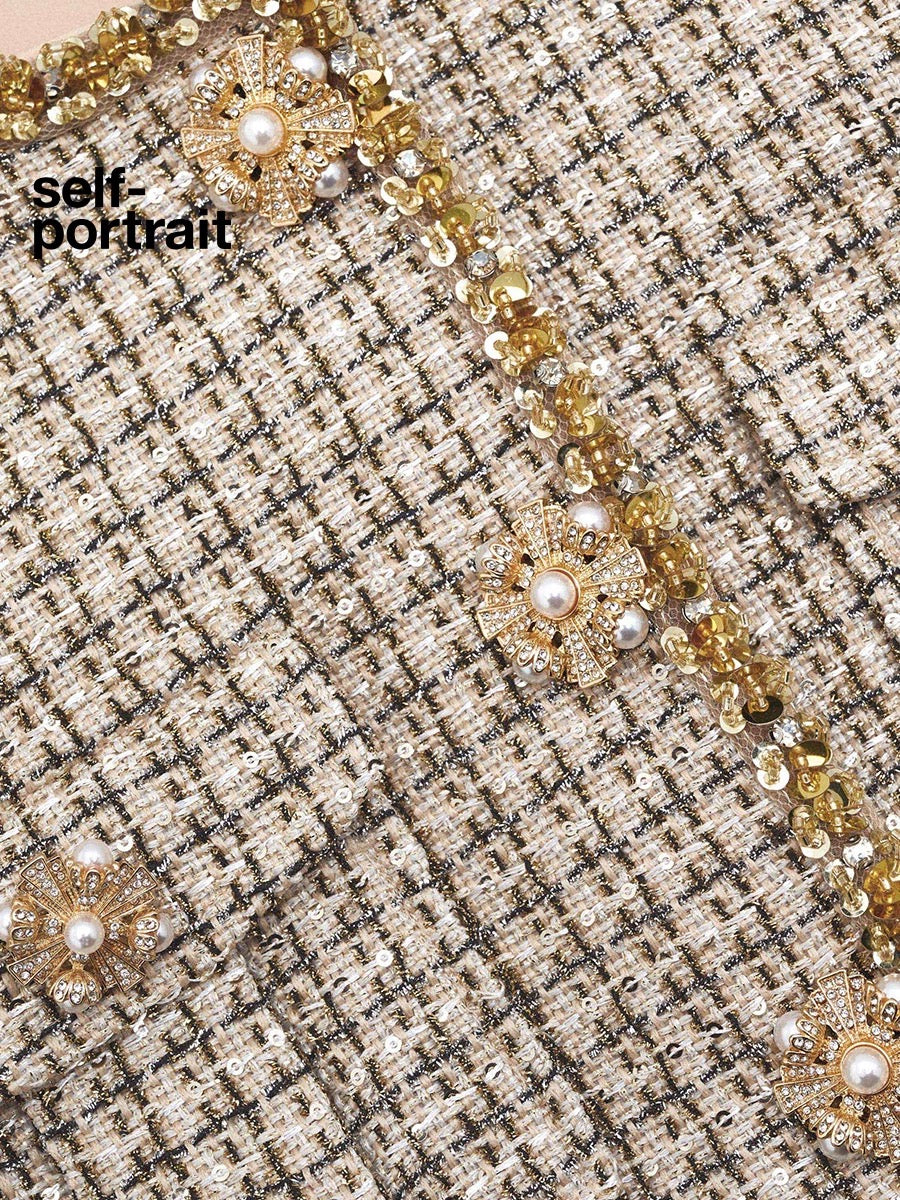 Self-Portrait SALE Golden woven tweed plaid jacket