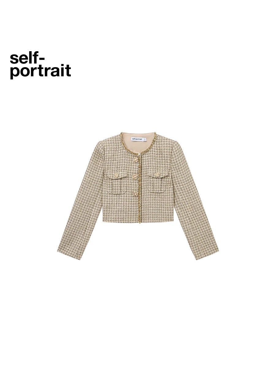 Self-Portrait SALE Golden woven tweed plaid jacket