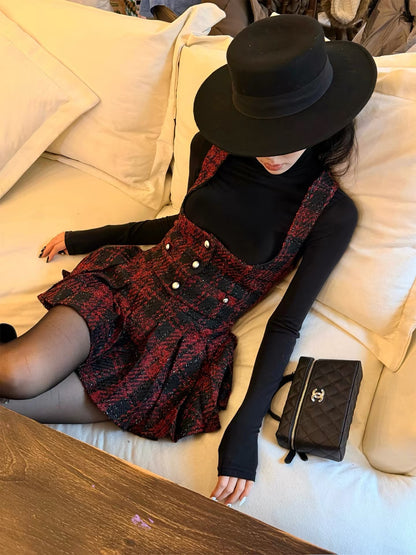 FIND YA WINGS Mixed color retro tweed vest + pleated skirt set